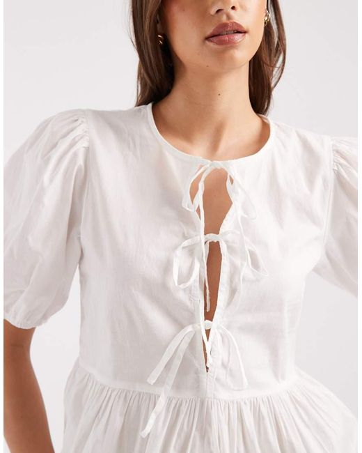 Pieces White Poplin Tie Front Puff Sleeve Top