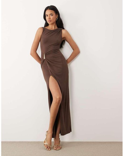 Bardot Brown Reed Draped Maxi Dress With Thigh Split