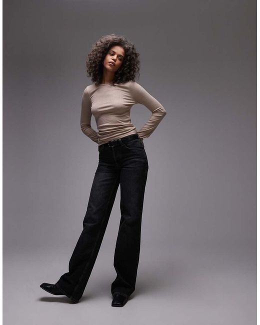 TOPSHOP Gray Premium Rib Long Sleeve Top