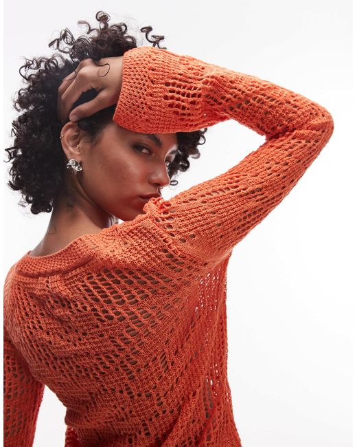 TOPSHOP Red Knitted Slash Neck Lace Long Sleeve Top