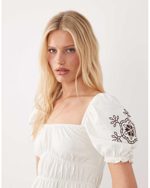 Miss Selfridge White Puff Sleeve Milkmaid Mini Dress With Embroidery