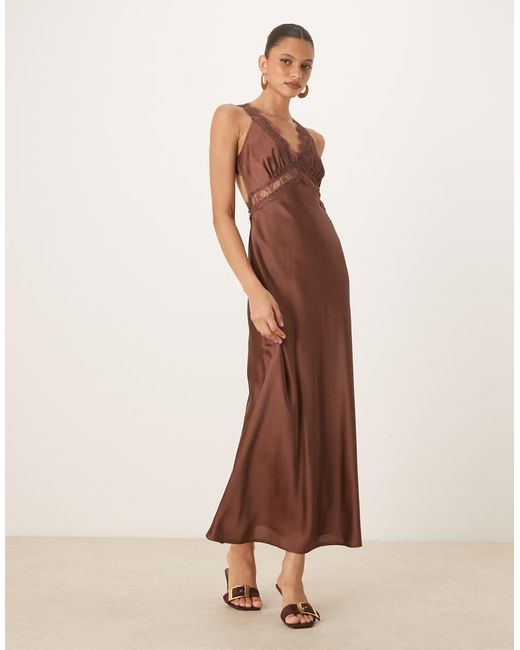 OMNES Brown Aurelia Satin Lace Trim Maxi Dress