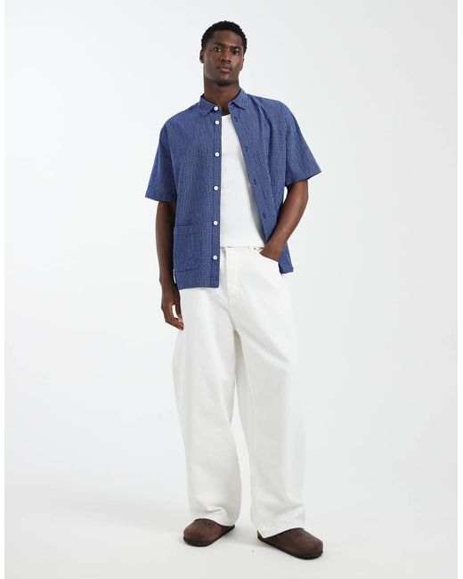 ASOS Blue Relaxed Micro Check Shirt With Pockets for men