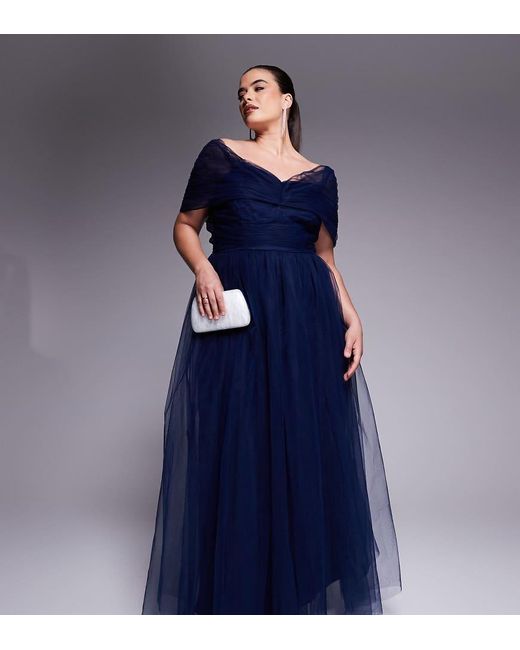 Lace & Beads Plus Bow Off Shoulder Tulle Maxi Dress in Blue | Lyst UK