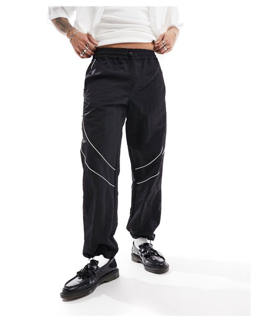 ASOS Black baggy Nylon Track Pants With Contrast Piping for men