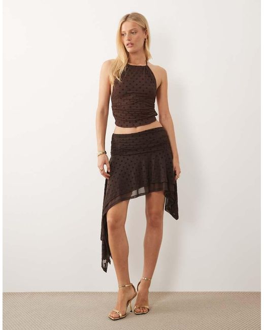 ASOS Brown Co-ord Flocked Polka Dot Blouson Halter Neck Top