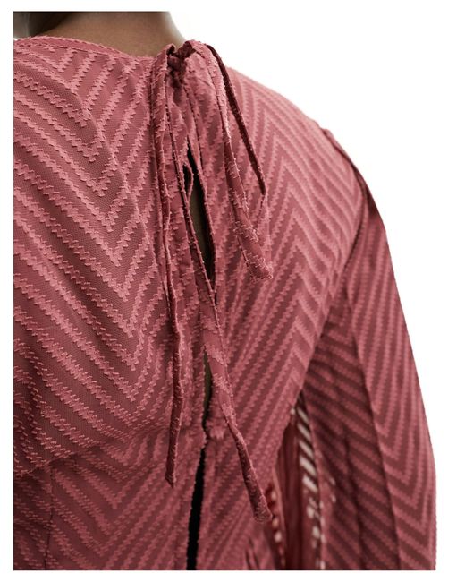 ASOS Red Tie Back Fluted Sleeve Pleated Chevron Chiffon Midi Dress