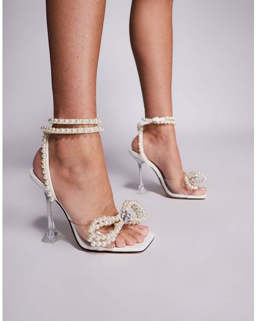 Public Desire White Glimmer Wrap Around Pearl Detail Bow Square Toe Cake Stand Heels