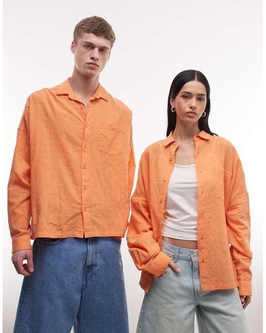 Collusion Orange Unisex Oversized Long Sleeve Textured Grid Check Shirt