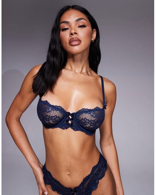 ASOS Blue Kaia Lace Underwired Balcony Bra With Satin Bows