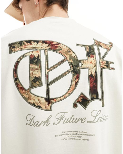 Asos dark future - t-shirt oversize color bianco sporco con scritta ricamata a fiori sul retro di ASOS in White da Uomo