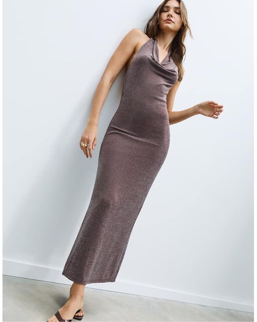 Stradivarius Midi Jurk Van Metallic Garen in het Purple