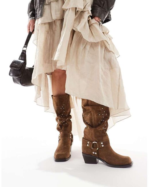 Stradivarius Natural Real Suede Slouchy Western Boot With Studs