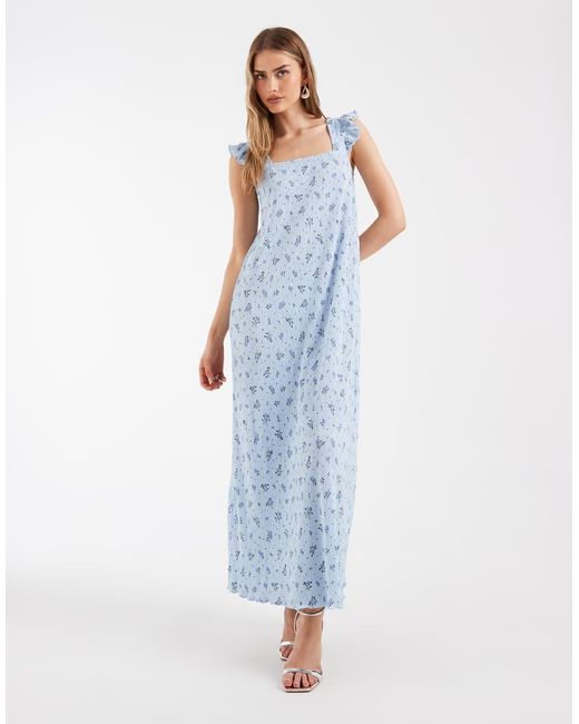 Pieces Blue Plisse Maxi Dress With Frill Sleeves
