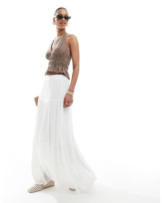 Stradivarius White Boho Midi Skirt