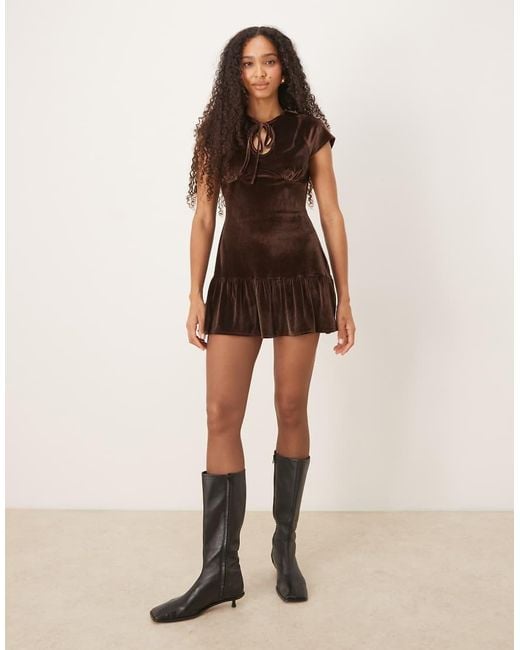ASOS Brown Velvet Keyhole Drop Waist Mini Dress