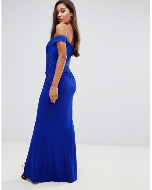 Lipsy Off Shoulder Maxi Dress With Lace Trim in Blue Lyst UK