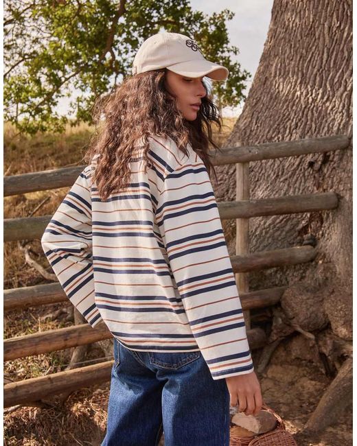 4th & Reckless Oversized Gestreepte Rugbytop Met Geborduurd Logo En Contrasterend Kraagje in het Brown