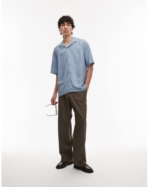 Topman Blue Regular Fit Short Sleeve Linen Blend Shirt for men