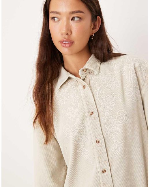 ASOS Natural Washed Cord Embroidered Shirt Mini Dress With Peplum Hem