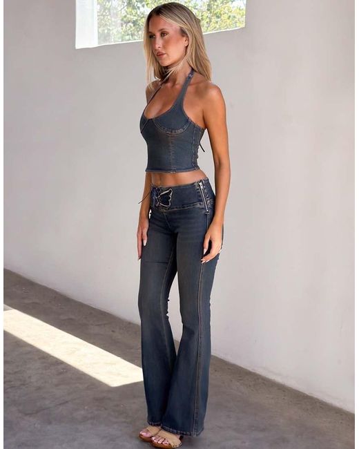 Tiger Mist Blue Riona Butterfly Lace Up Waistband Detail Kick Flare Jeans Co-Ord