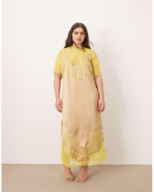 Vestido Midi Marrón Topo Y Verde Lima De Corte Recto De Satén Con Aplicaciones De Encaje Bordado De Curve ARRANGE de color Natural