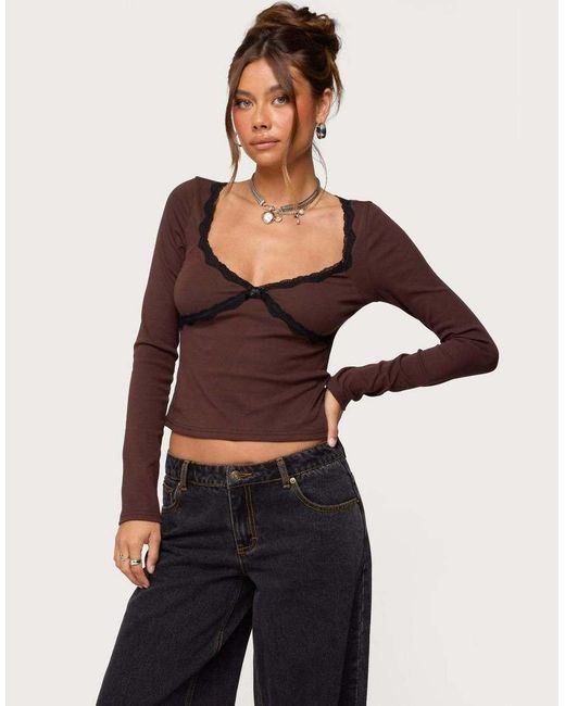 Edikted Brown Porta Contrast Lacey Top