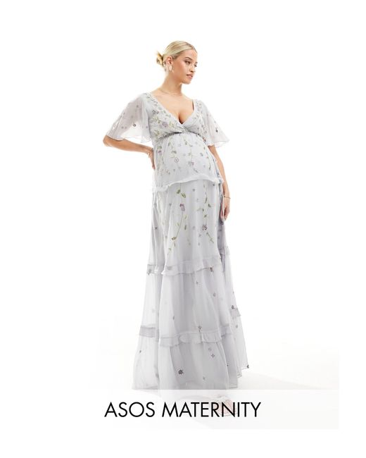 ASOS White Maternity Bridesmaid Flutter Sleeve Embellished Wrap Maxi Dress With Embroidery
