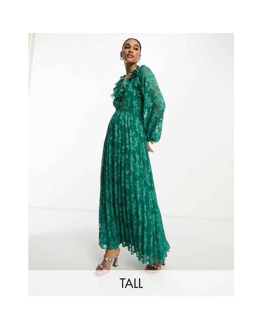 Asos design tall - robe plissée mi-longue en jacquard fleuri effet dévoré avec col à volants et dos nu - foncé ASOS en coloris Green