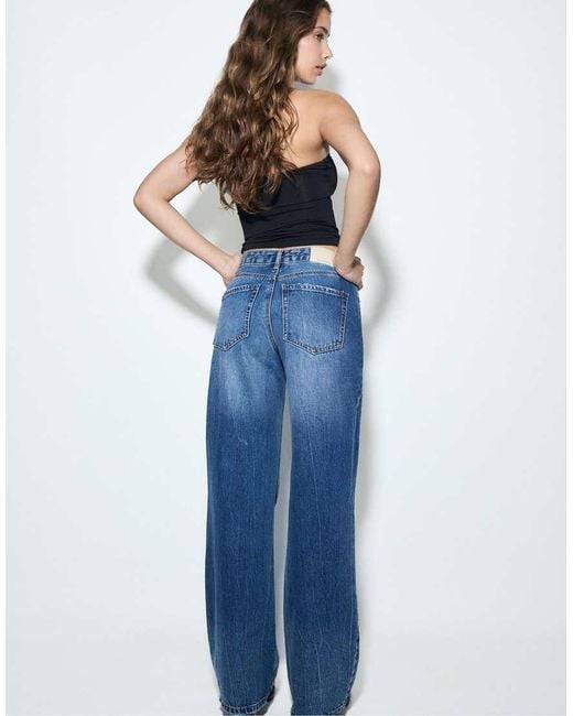 Stradivarius Blue Petite D92 Straight Wide-leg Jeans