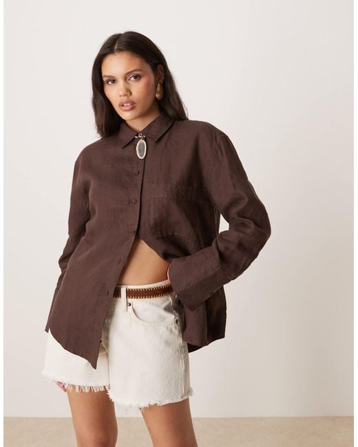 Gina Tricot Brown Relaxed Fit Long Sleeve Linen Shirt