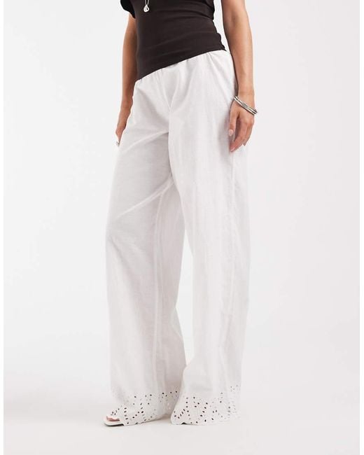 Only Petite White Nly Petite 100% Cotton Pull On Trousers With Embroidery