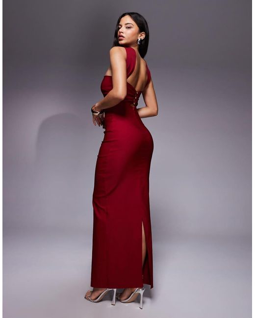 Vesper Red Bengaline Bandeau Choker Detail Back Button Detail Maxi Dress