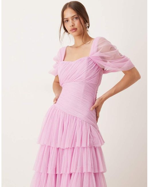 LACE & BEADS Pink Asymmetric Ruffle Tulle Maxi Dress