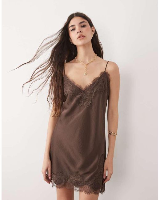Abercrombie & Fitch Brown Satin Lace Trim Strappy Mini Dress
