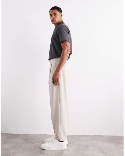 ASOS Natural Linen Look Oversized Tapered Smart Trousers With Elasticated Waist for men