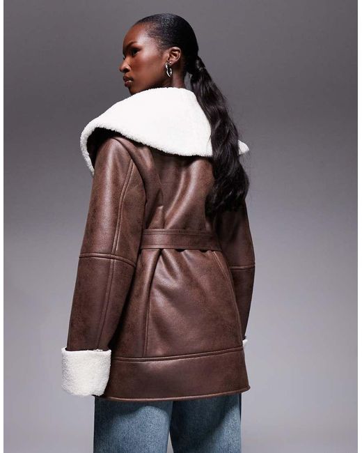 The Frolic Brown Exclusive Faux Shearling And Cream Borg Contrast Belted Coat