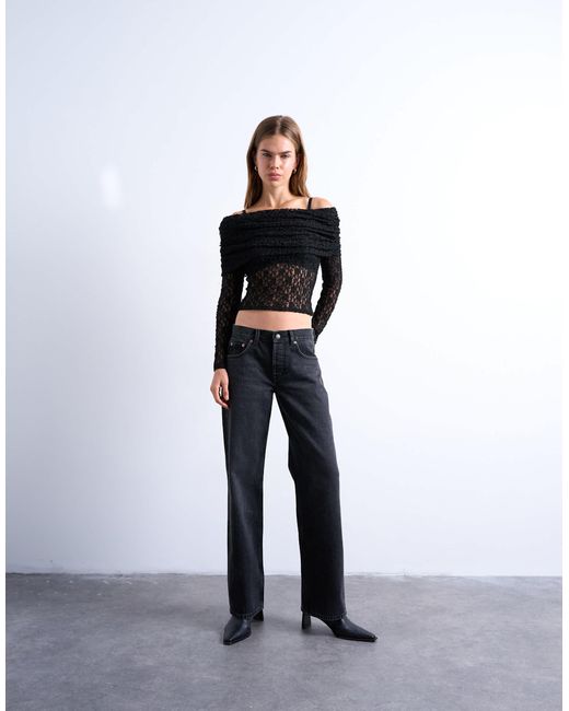 Top en dentelle à manches longues et encolure bardot rabattue TOPSHOP en coloris Black