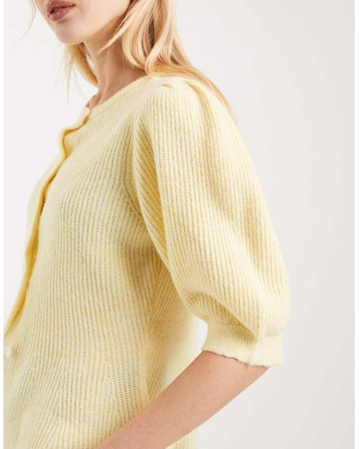 Pieces Natural Puff Sleeve Knitted Cardigan With Waist Detail