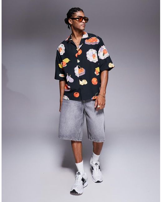 ASOS Gray Boxy Oversized Revere Printed Shirt for men