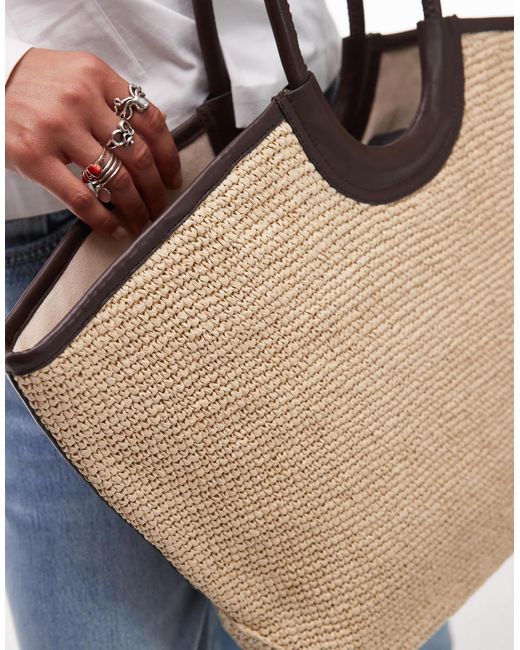 & Other Stories Blue Large Straw Tote With Leather Details Contrast Stitches