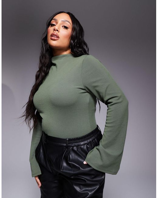 ASOS Gray Asos Design Curve Ribbed Bodysuit With Flared Sleeves