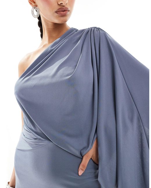 ASOS Blue One Shoulder Premium Draped Maxi Dress With Train Detail