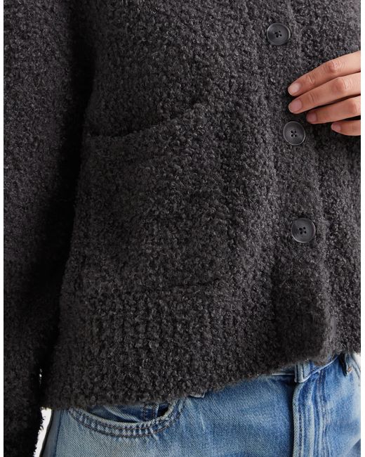 ASOS Black Boxy Oversized Boucle Cardigan With Pocket Detail
