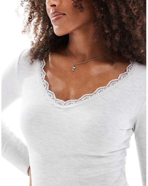 Cotton On White Cotton On Lace Trim Long Sleeve Waffle Sleep Top