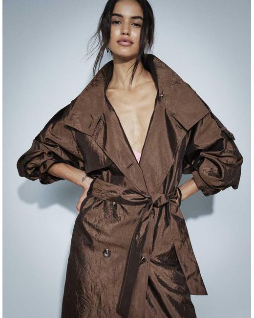 ASOS Brown Longline Oversized Trench Coat With Shoulder Pad