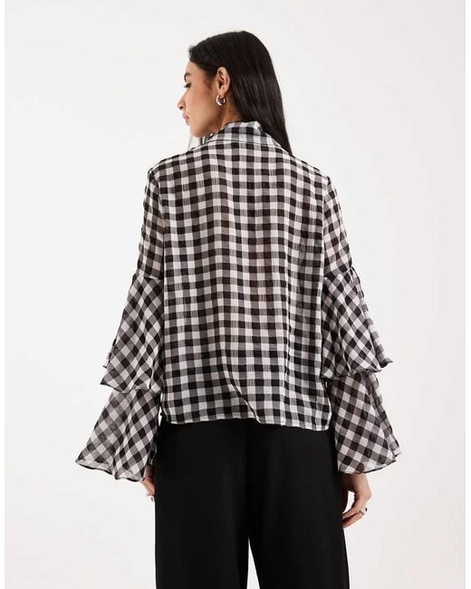 Vero Moda Black Tie Neck Gingham Blouse With Tiered Cuffs