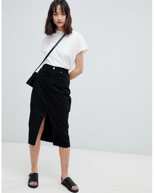 Dr. Denim Midi Denim Skirt With Split Front Seam in Black | Lyst