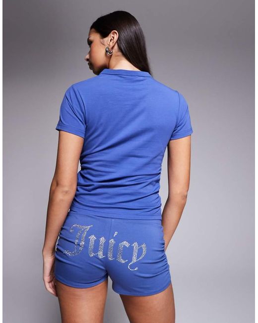 Juicy Couture Blue Co-ord Fitted Diamante Logo T-shirt