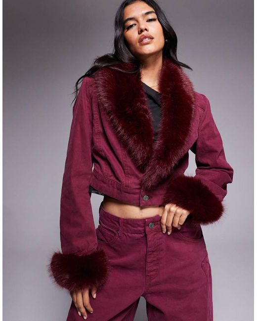 AFRM Red Margot Faux Fur Denim Jacket